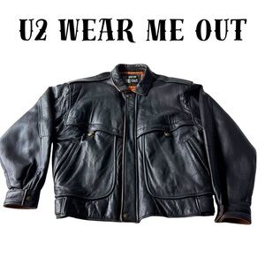 Vintage 80s U2 Wear Me Out Black Leather Bomber Jacket Mens L Flight Biker Mint